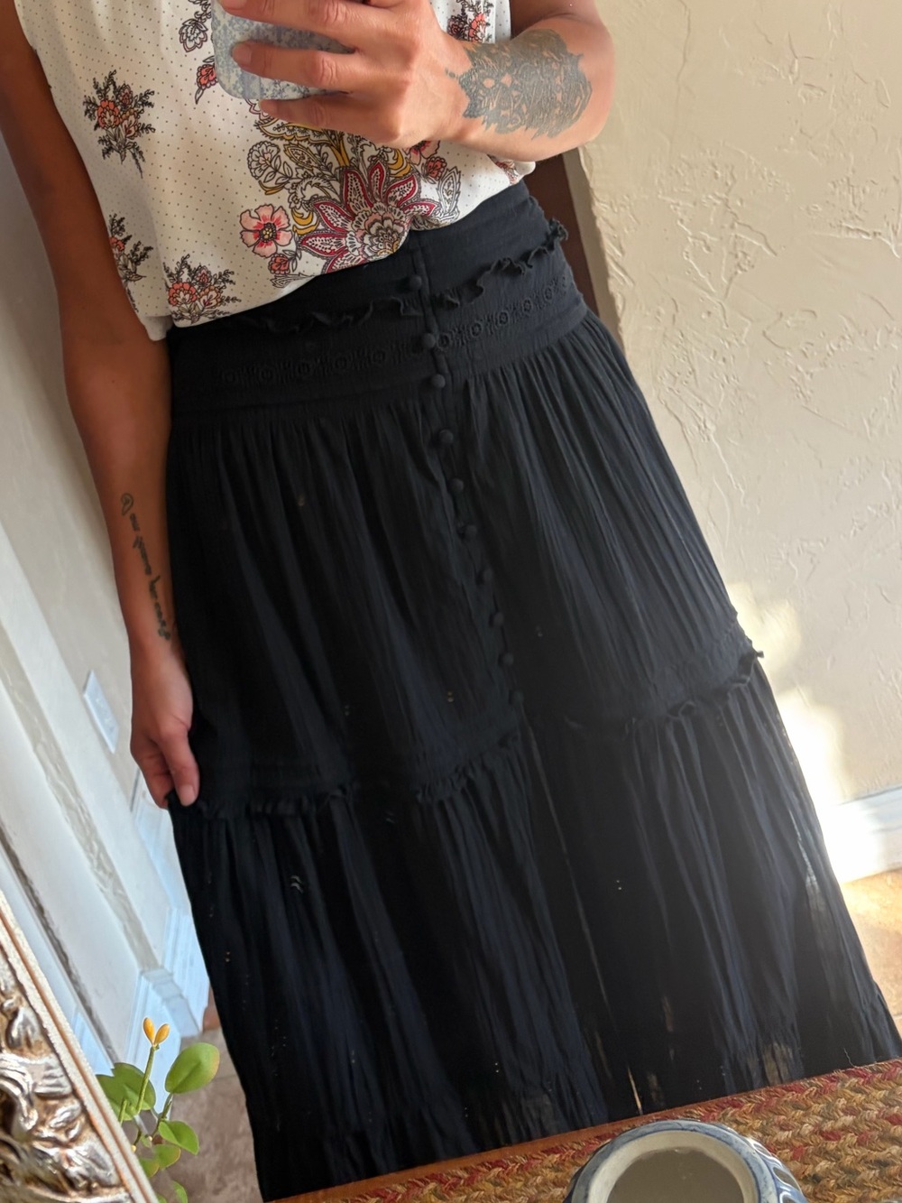 aerie Black Tiered Button-Front Maxi Skirt